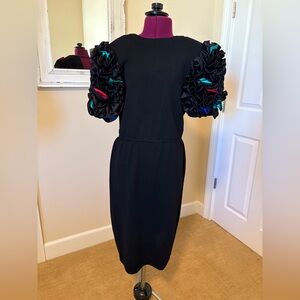St. John Black Dress with Colorful Ruffled Sleeves sz 4.  EVC
